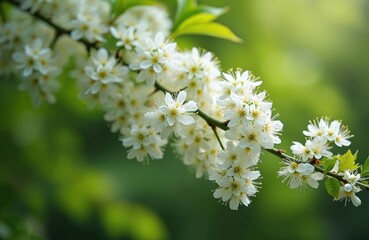 White robinia pseudoacacia flowers bloom on a tree branch with green leaves. Delicate blossoms cluster together in spring forest creating natural floral background.
