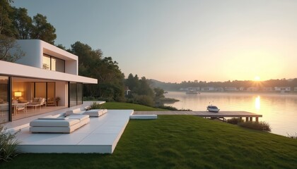 Fototapeta premium Modern white house with large terrace next to tranquil lake. A boat rests on the dock at sunrise. Rich green grass surrounds the waterside property with distant homes visible.
