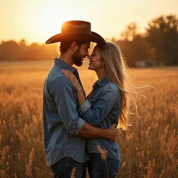 Young couple in cowboy hats and denim shirts embrace in a wheat field during golden hour sunset. Rustic romance unfolds in rural farmland, evoking peaceful country love story.