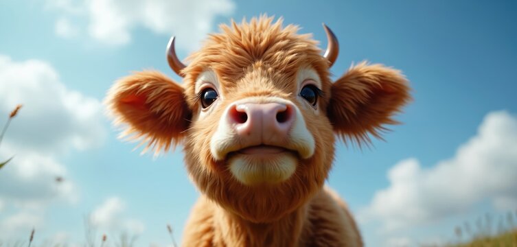 Fluffy Highland cow calf portrait, blue sky, green grass background. Adorable young bovine animal with small horns stares forward with curiosity. Cute farm livestock.