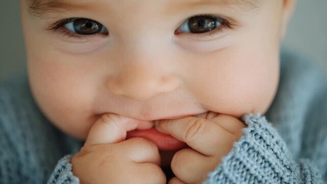 Close-up of baby chewing finger, teething phase