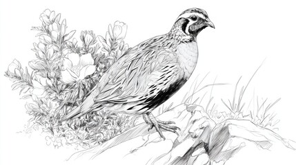 Fototapeta premium Detailed Black and White Sketch of a Quail Bird Surrounded by Flowers