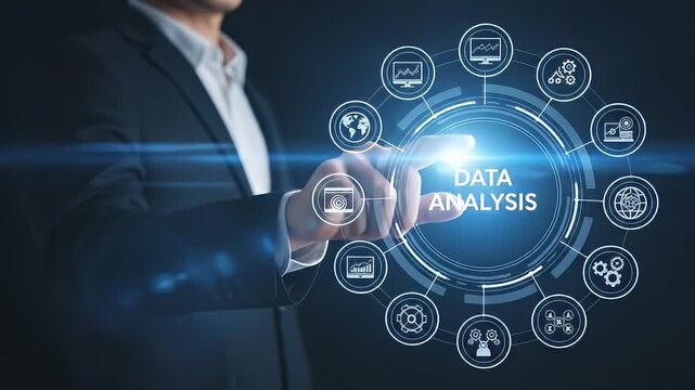 Man touching data analysis interface with icons on dark background.