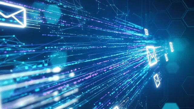 Glowing Email Icons Floating In Network Of Digital Data On Dark Blue Background Concepts Like Communication Technology Information Exchange For Business Promotional Materials