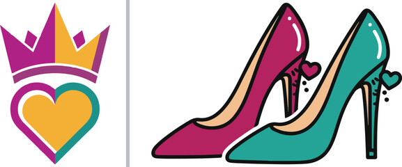 Obraz premium Colorful vector icons featuring a crowned heart and stylish high-heeled pumps in magenta and teal. Accented with tiny hearts, these graphics represent fashion, royalty, and feminine flair.