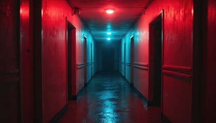 Fototapeta premium Empty hotel hallway with red and blue lights. Long corridor with closed doors. Dark passage creates scary mood. Floor is wet and reflects colored illumination.