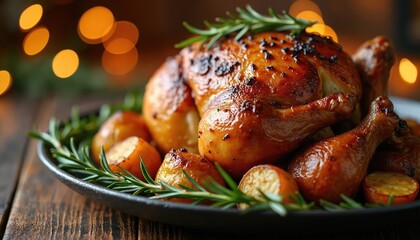 Whole roasted chicken with crispy golden skin served on plate with potato wedges and rosemary. Food styled for holiday dinner, festive occasion, or restaurant menu.