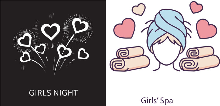 Vector icons for "Girls Night" and "Girls' Spa." Features glowing heart fireworks on black and a woman with a head towel and rolled spa towels on white, accented with soft pink hearts.