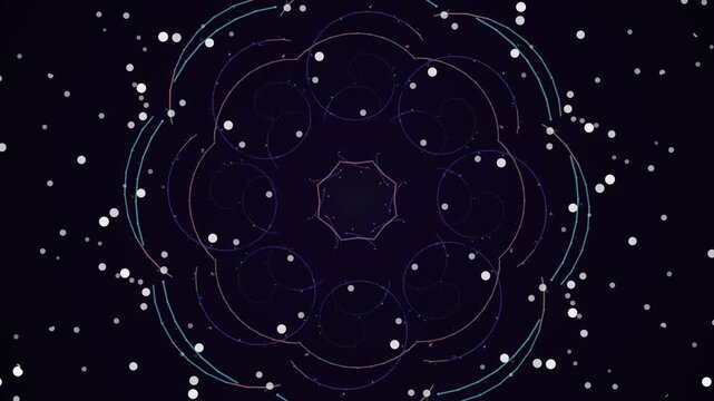 A delicate floral pattern surrounded by a scattering of white dots on a dark background viewed from directly above