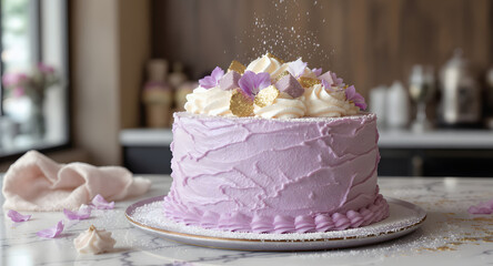 Naklejka premium Elegant Taro Cake with Premium Toppings in Modern Cake Shop