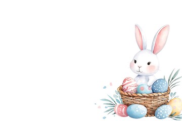 Obraz premium Cute White Bunny with Easter Eggs in Basket Surrounded by Colorful Decorations for Spring