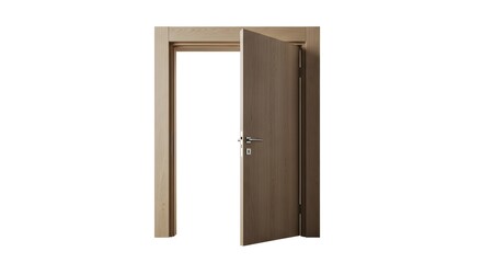 Fototapeta premium Open Modern Interior Door Frame with Hinged Door Isolated on White Background Representing Home Entry Access