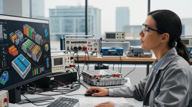 Scientist In Lab Coat Analyzes Designs Of Battery Components On Computer Using Lab Equipment In Modern High-rise Possibly For Research Development Purposes