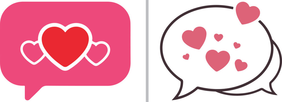 Cute vector speech bubbles filled with pink and red hearts. These flat icons represent digital love, romantic messages, and sweet notifications for Valentine's Day or social media.