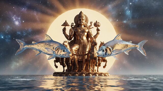 Meena Sankranti Surya Deva Statue Rising from Celestial Ocean Golden Sun Disk