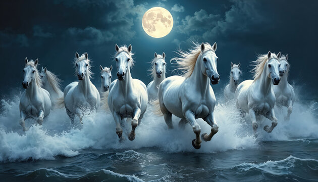 Seven white horses gallop in ocean waves under full moon. Powerful animals run through water with energy and speed. Majestic herd moves together in dark blue night sky illustration.