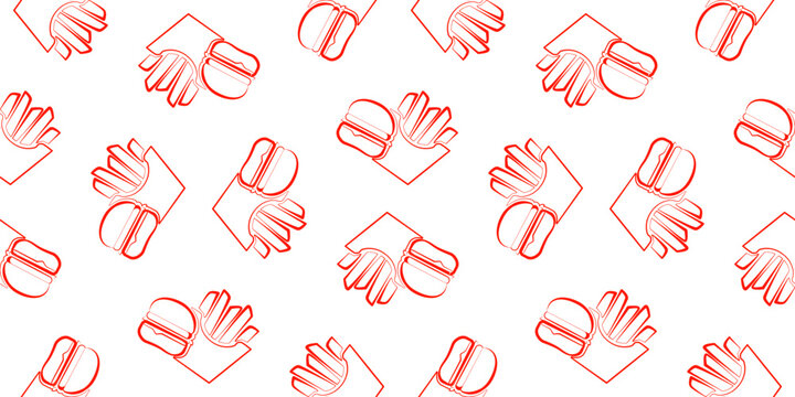 seamless pattern with burger and fries elements on white background. burger and fries outline style. clean and modern look for food packaging and prints.