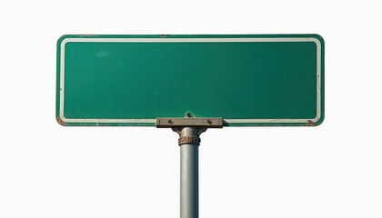 Naklejka premium Green blank road sign on metal pole. Empty street nameplate isolated on white background for custom text. Directional signage ready for information.