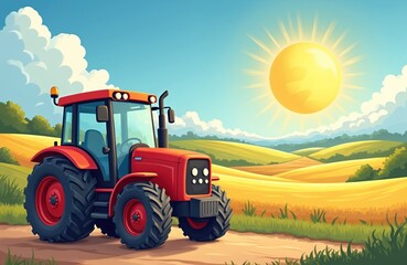 Fototapeta premium Red tractor on dirt road near golden fields under sunny sky. Green trees and rolling hills form the rural landscape. Agricultural vehicle waits for work in countryside farm.
