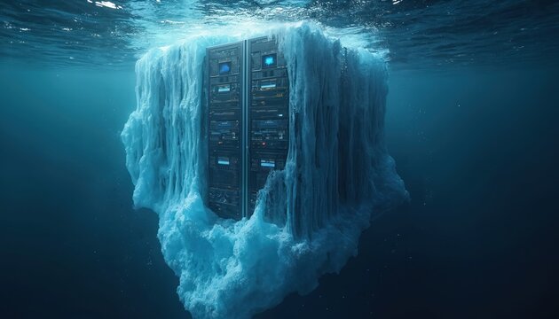 Data servers submerged within melting iceberg under blue ocean water. Represents tech cooling issues and climate change challenges. Symbolizes environmental risk and data center problems.
