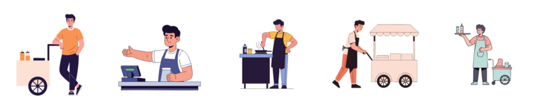 Street Vendor Business Food Cart Cooking Selling Service Flat Design Vector Character Illustration Bundle