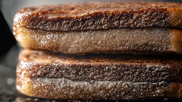 Close-up of two slices of toasted bread, hot and steaming