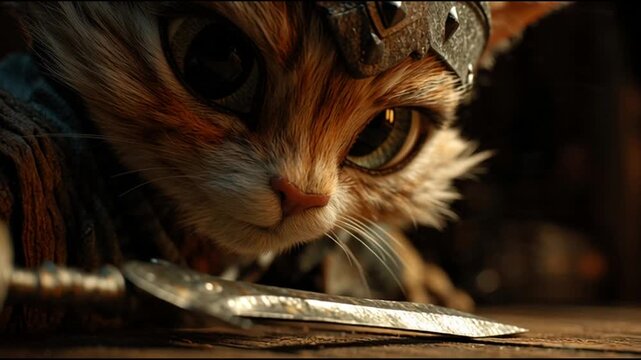 A detailed close-up shot of a stylized cat with large, expressive eyes, focusing on a sharp metallic object