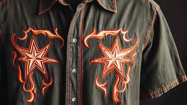 Dark gray button-up shirt with embroidered stars and flames