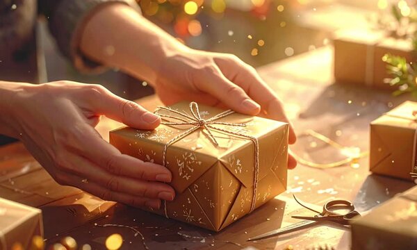 Hands wrapping a golden Christmas gift box with festive decorations