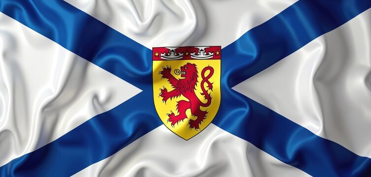 Waving Nova Scotia flag featuring white and blue saltire with provincial coat of arms showing red lion rampant on gold shield. Symbol of Canadian province.