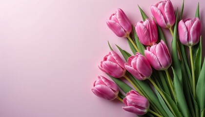 Obraz premium Several pink tulips with green leaves rest on a light pink backdrop. The bouquet is arranged to the right side of the frame leaving copy space on the left.