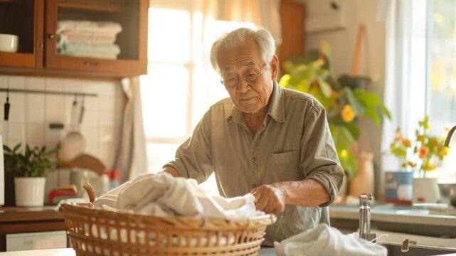 Elderly Asian man doing laundry at home, focused on daily chores