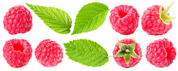 Fresh raspberries and green leaves isolated on white, set
