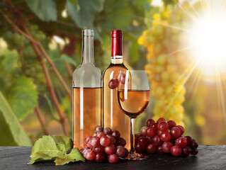 Fototapeta premium Wine and fresh grapes on table. Glass and bottles in vineyard