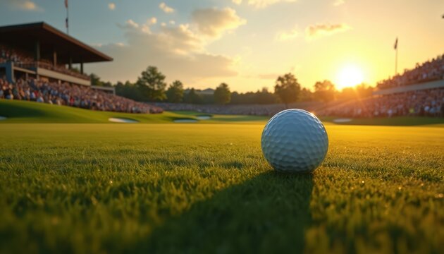 Golf ball rests on green grass near sand trap during sunset with spectators watching. Golden hour light illuminates course, setting stage for tournament play.