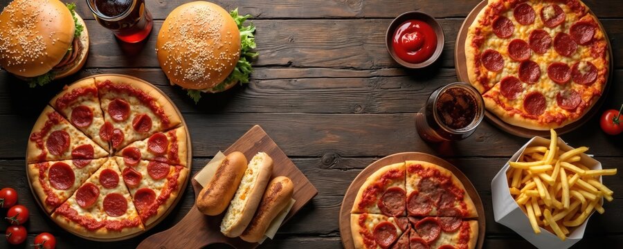 Assortment of popular fast foods including burgers pizza and french fries arranged on a rustic wooden table top. This indulgent feast offers a variety of greasy, tasty, quick treats for any occasion.