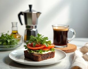 Healthy open faced sandwich with fresh tomatoes, greens, and cream cheese on dark bread. Hot black coffee and moka pot nearby. Light breakfast or lunch.
