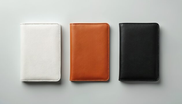 Three leather passport holders in white, orange, black arranged on light gray background. Elegant travel accessories neatly organized, showcase premium material, design, ideal for travel planning.