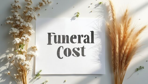 White paper shows text Funeral Cost. Dried white flowers on left, golden wheat on right. Shadow patterns suggest daytime. Elegant arrangement hints at expense and planning.