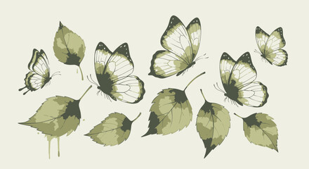 Butterfly Collection with Green Wings and Leaves.