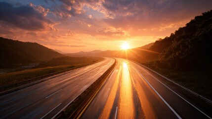 Obraz premium Traffic Flows Smoothly on a Long Road at Sunrise With a View of the Sky and Landscape
