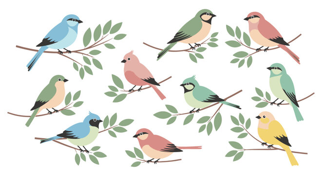 Colorful Birds Perched on Branches.