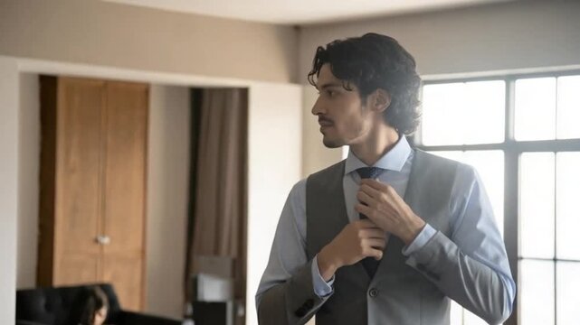 Young man adjusting his tie getting ready for a professional event