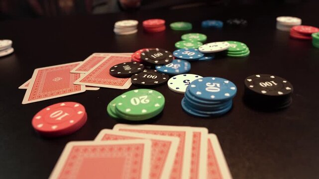 Five Cards Draw Poker Game, Close Up of Chips, Hards and Cards
