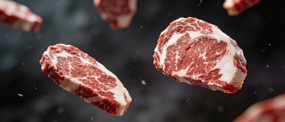 Raw marbled ribeye steaks frozen in mid-air against a dark background