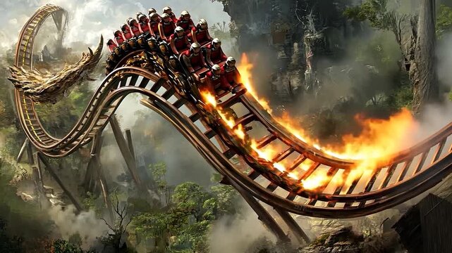Fiery roller coaster ride through a fantastical jungle