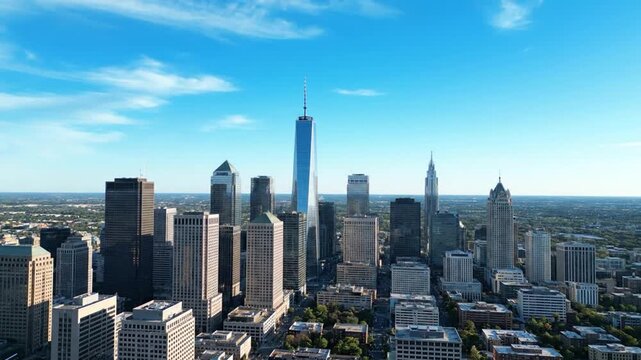 Downtown skyscraper skyline with blue sky.