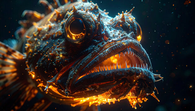 Close-up underwater shot of a ferocious-looking sculpin fish with glowing orange accents, showcasing its sharp teeth and textured scales in a dark, murky environment