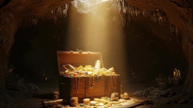 Open Treasure Chest Overflowing With Gold Coins Jewelry Illuminated By Sunbeam In Dark Cave For Fantasy Storytelling Gaming Financial Concept Visuals