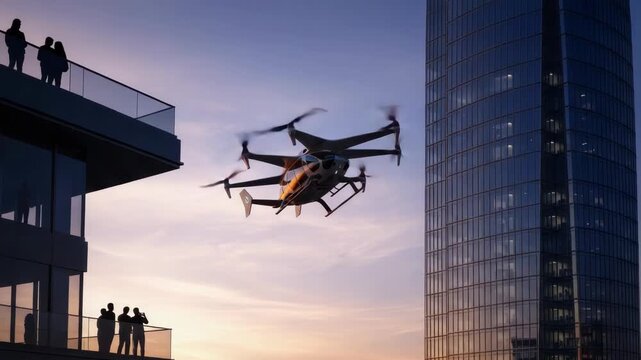 Futuristic Air Taxi Flies Past Skyscraper In City Silhouetted People Watch From Balcony Against Colorful Sky Backdrop Depicting Urban Air Mobility Potentially Used Travel
